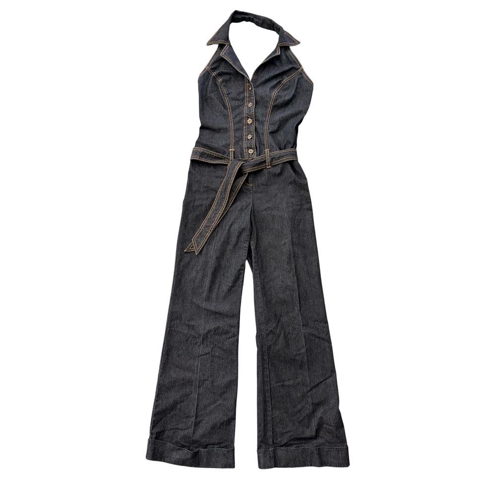 vintage y2k bisou bisou denim halter jumpsuit dark wash wide leg small